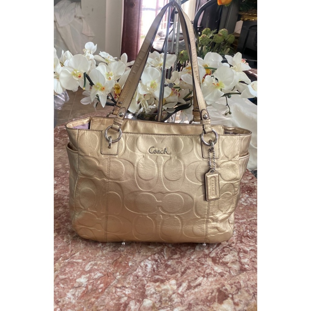 Coach Metallic Gold Embossed Signature Leather LG Gallery Tote F17730 EUC! $269